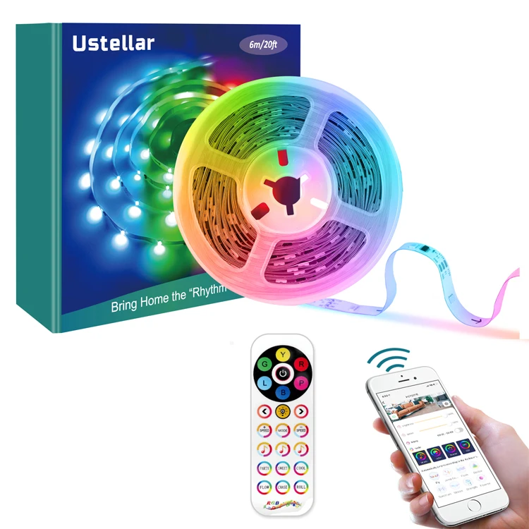 
6M/20FT WiFi LED Strip Lights, Music Sync Color Changing 5050 RGB LED Light Strip 44-Key Remote for Home TV Party 
