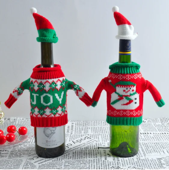 Жаккардовый свитер для пожилых, снеговик, винный набор, Рождественский свитер с украшением