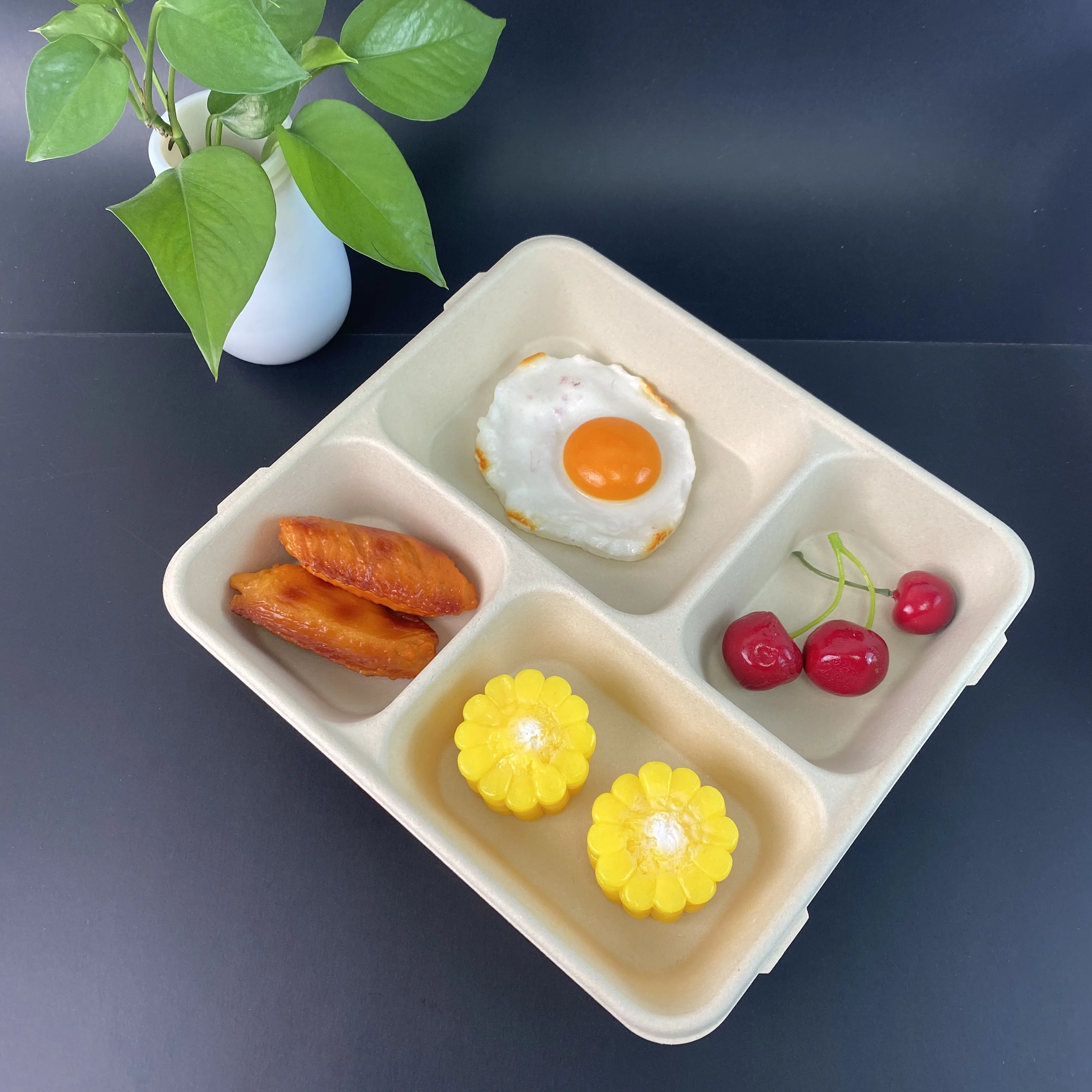 27.8 * 21.3 cm 4 Compartment Bagasse Degradable Disposable Environmental Dinnerware & Tableware Paper Pulp Tray for Food