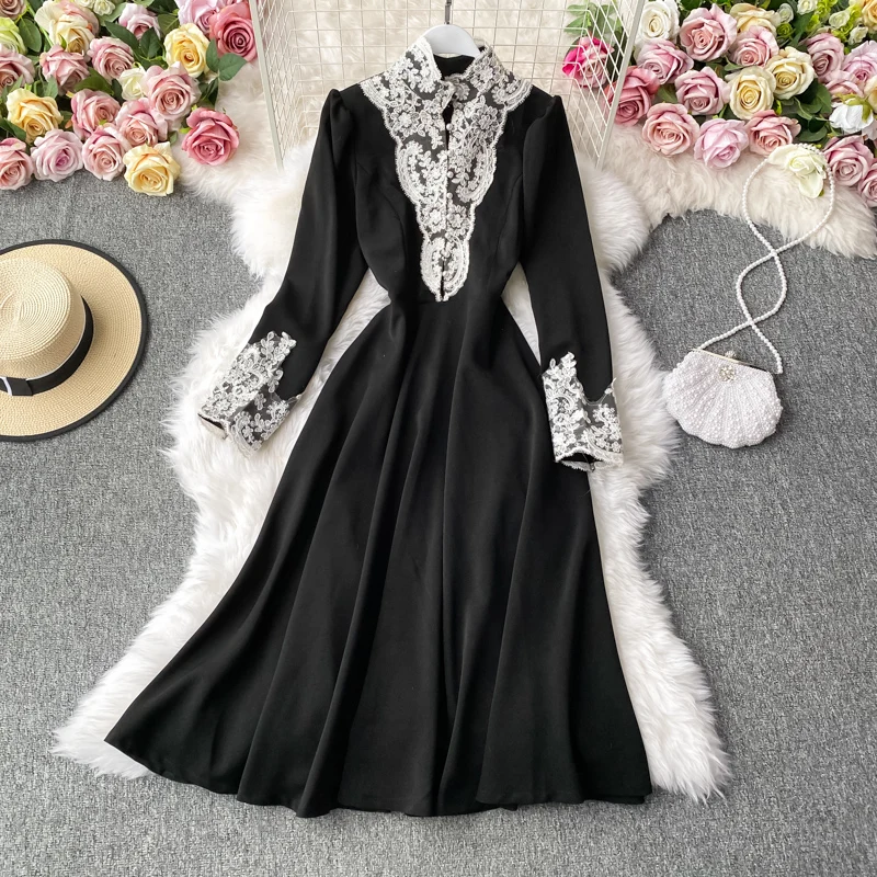 Autumn and winter clothes new Hepburn style long skirt western evening dress French dress