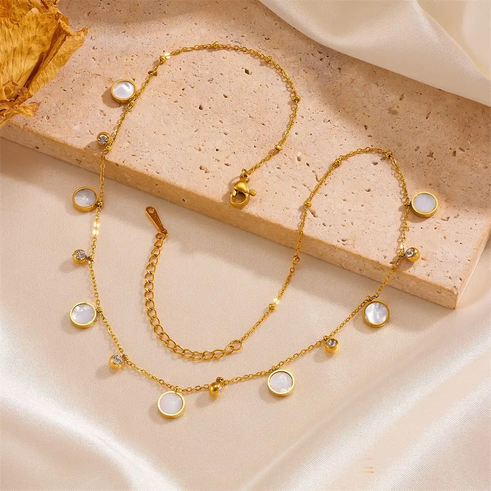 Fashionable Simple Titanium Steel Necklace for Women Trendy Clavicle Chain Temperament Multiple round White Beret Stone Holder