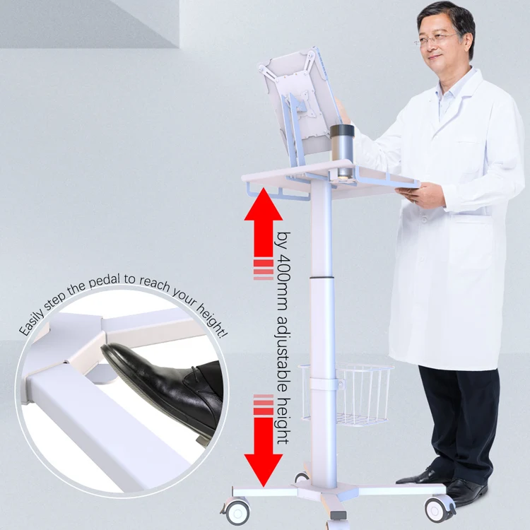 Height Adjustable Medical Rolling Trolley Custom Computer Laptop Tablet Monitor Cart For Hospital