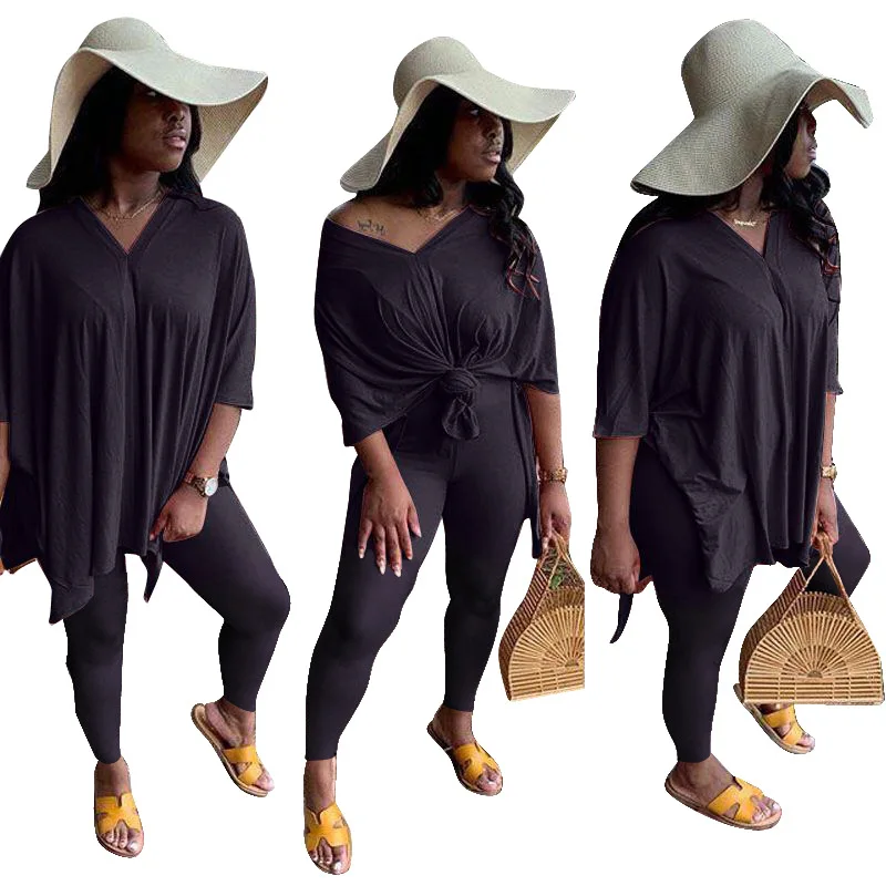 
2021 Fashion Casual Solid Color Plus Size Knotted Two Piece Set Women Clothing Fall Outfits Suit 