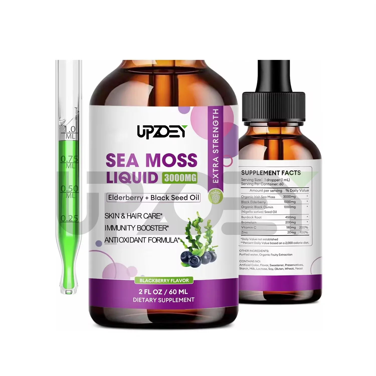 Private Label Natural 7-In-1 Sea Moss Liquid Drops with Burdock Root Supplement for Joint, Digestion, Thyroid, Hair & Skin