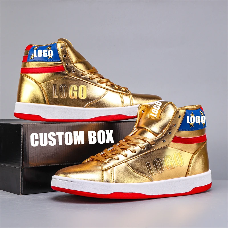 Custom Shoes Big Size 47 LOGO Gold Shoes Gym Sneaker Skateboard Mens Casual Boots Road Sneaker