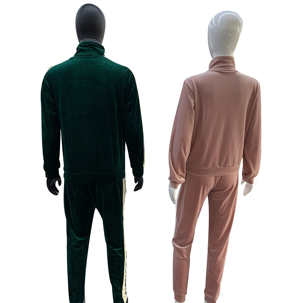Custom Logo Side Stripe Unisex Velour Sweatsuit 2 Piece Jogger Set Couple Patchwork Track Suit Velvet Tracksuit For Men Women
