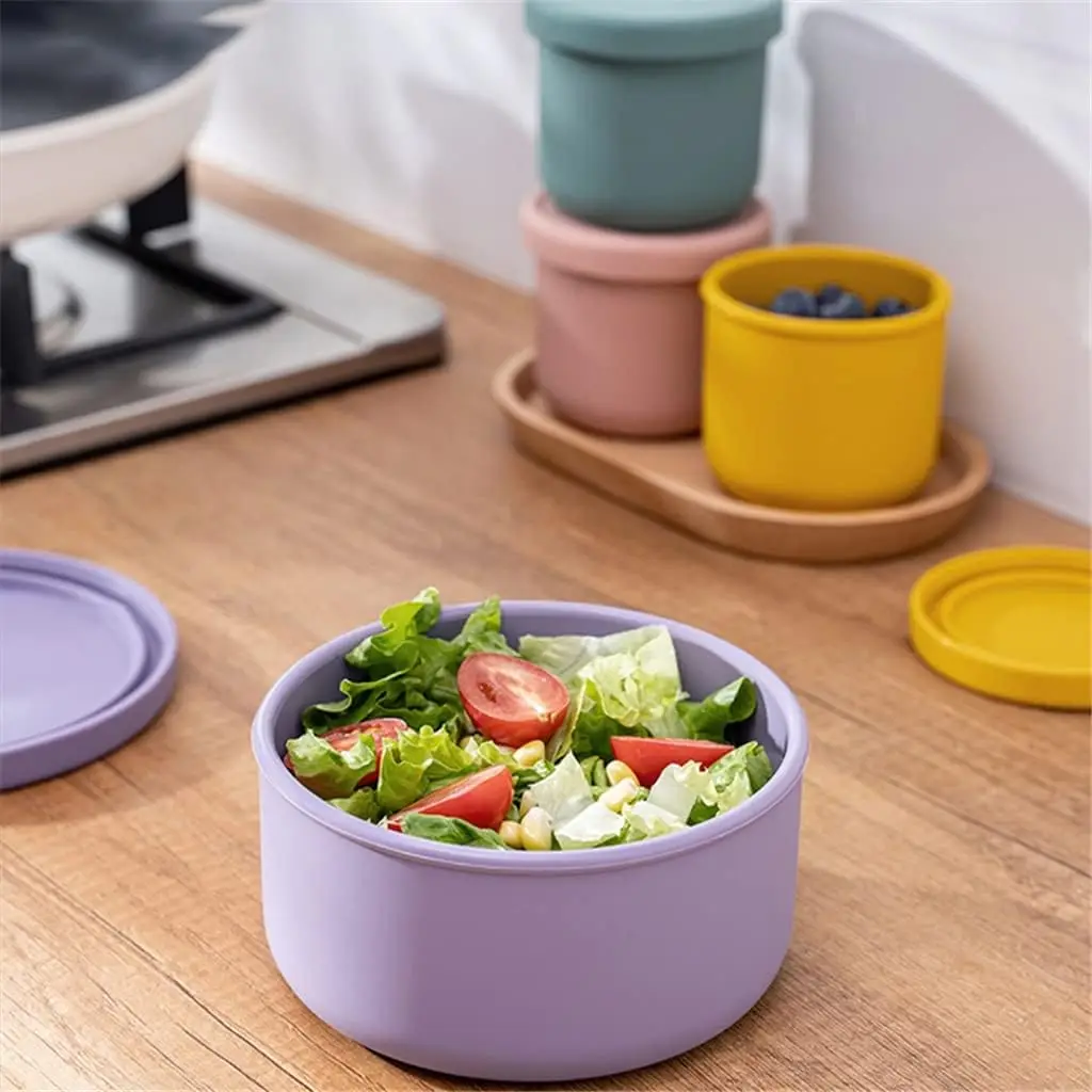 Reusable Round Children Silicone Lunch Box with Lid Durable Leak Proof Lunch Box Kitchen Food Storage Snack Bowl