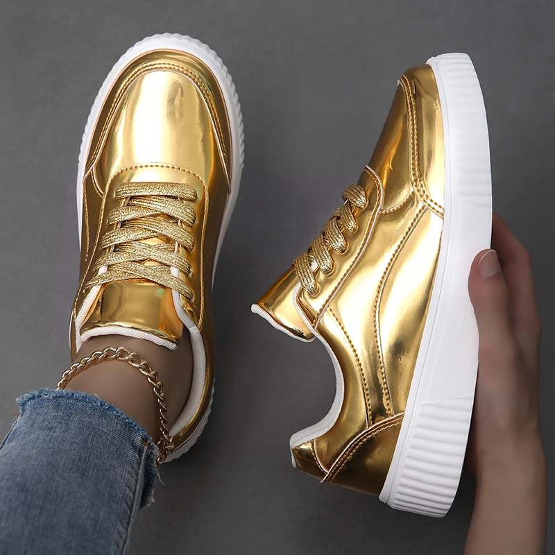 Rose Gold Flat Retro Women Skateboard Manufacturer Basketball Casual Leather Sneakers Low Top Custom Gold Shoes For Women