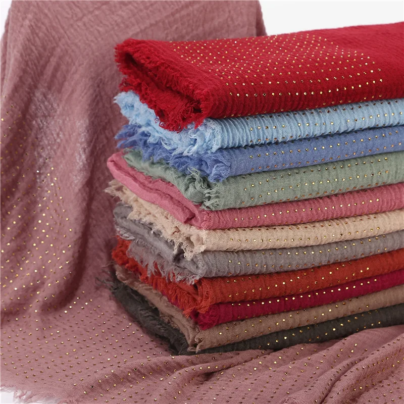 Wholesale Solid Large Soft Cotton Voile Hijab With Stones Muslim Women Crinkle Cotton Beaded Scarves