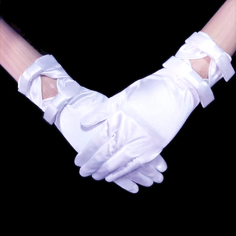 
bridal shower Hollowing out Two bows Glossy Elastic satin wedding gloves 