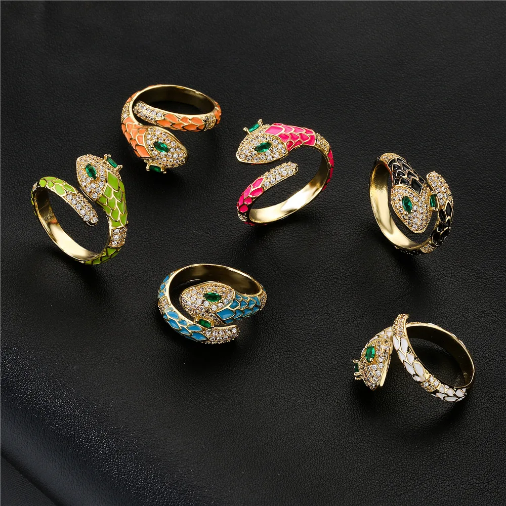 Hot Style Adjustable Brass Micro Pave Cubic Zirconia Enamel Snake Ring For Women