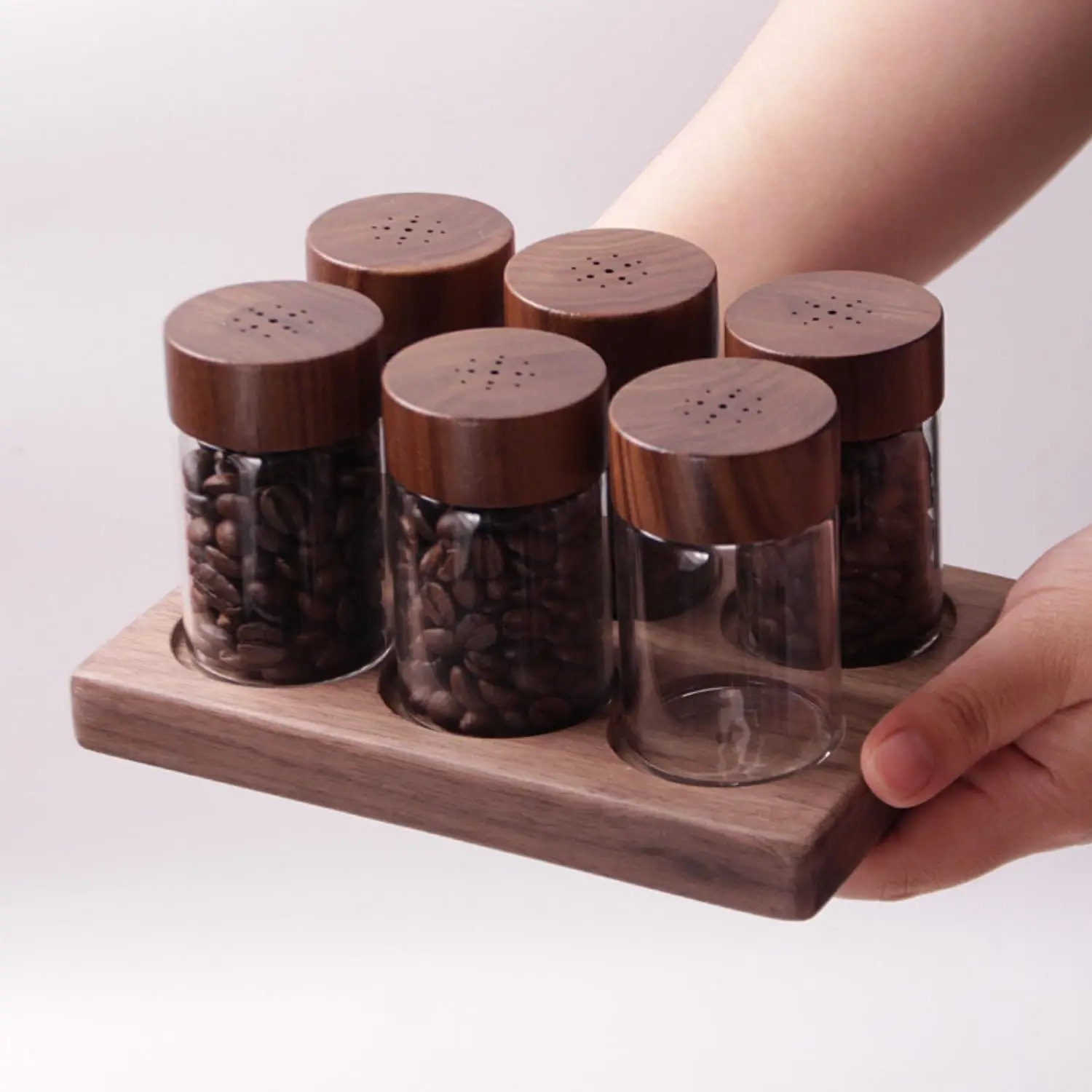 Coffee Bean Storage Tubes Single Dose Coffee Bean Container Cellar with Wooden Stand and 35-40g Glass Vials with Co2 Vent