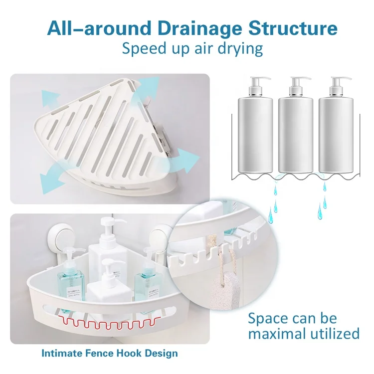TAILI ABS & TPR Material Corner Shampoo Vacuum Suction shower caddy organizer plastic corner shelf caddy with 2hooks bath caddy