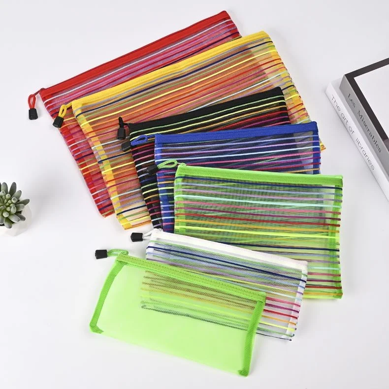 Portable Fabric Pencil Bag for Students Colorful Mesh Stationery File Organizer with Transparent Zipper