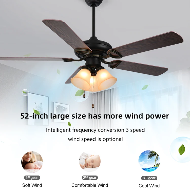 Pull Chain Control Copper Motor 18W 52inch Five Plywood Blades E27 Ceiling Fan Light