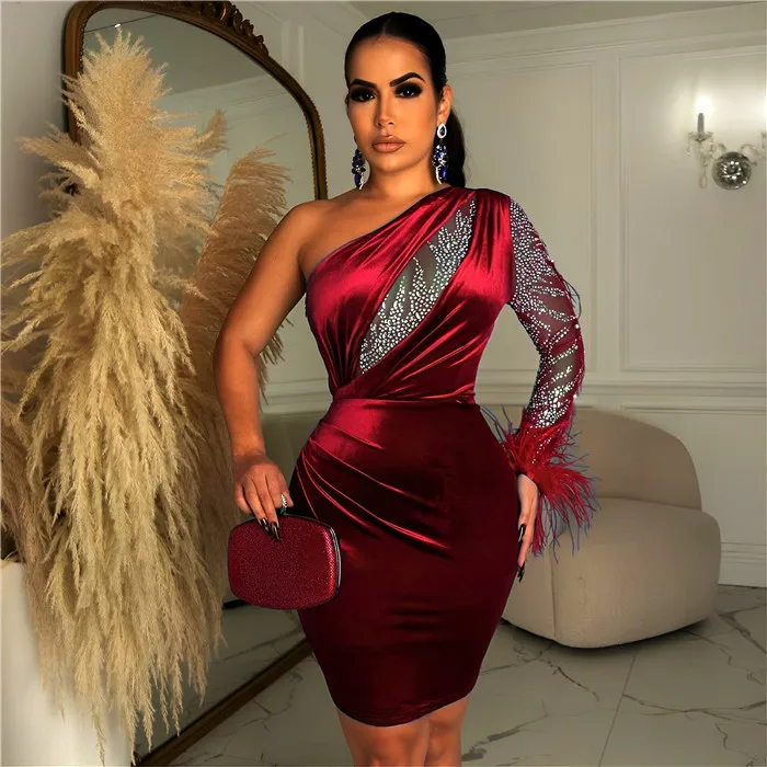 G661-sexy single sleeve rhinestone velvet dress wholesale vintage party dresses for women