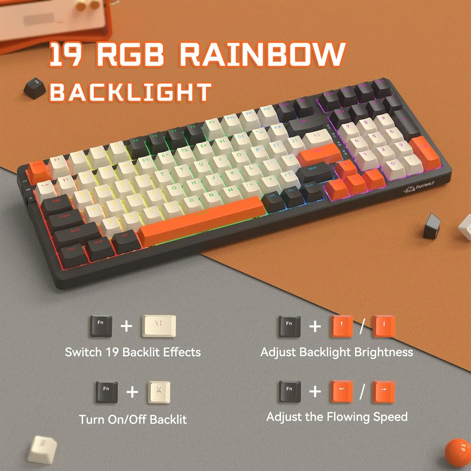 Free Wolf Wireless BT Dual Mode Mechanical Touch Keyboard Game Esports Office Silent PBT Ball Hat Keyboard