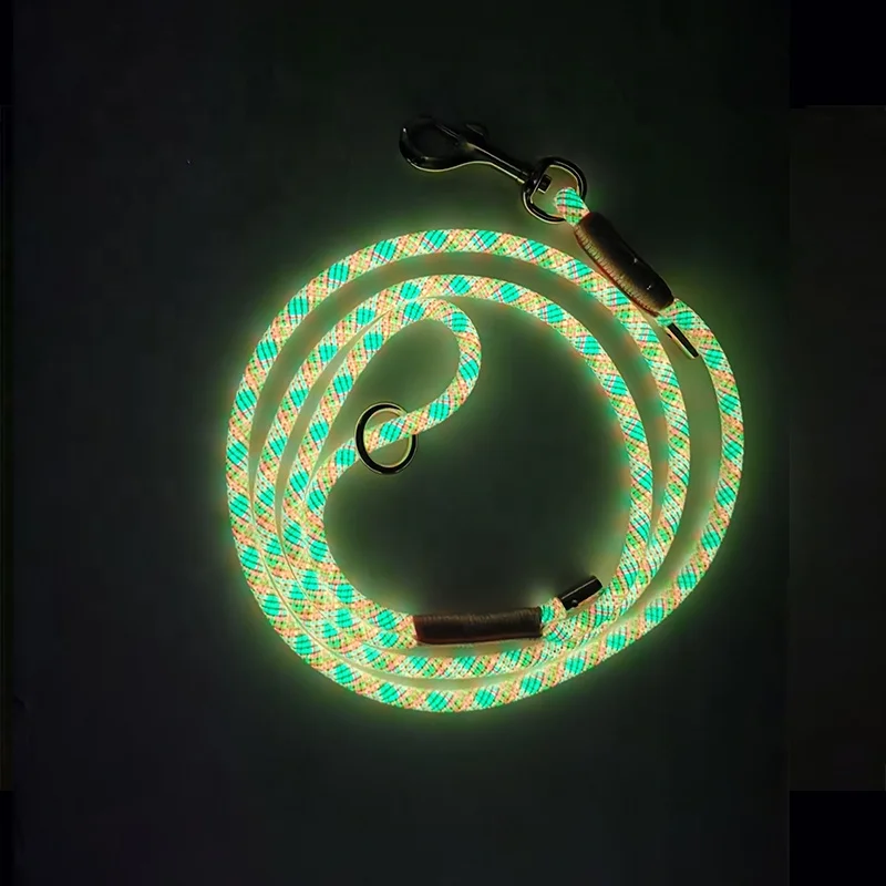 Glow in the dark rainbow nylon rope dog leash and collar set luxury dog leash Glow in the dark rope for boat safe in the dark