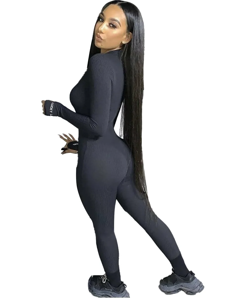 2022 Wholesale Custom Logo Women Long Sleeve Rompers Pit Stripe Ribbed Zipper Elastic Slim Women One Piece Jumpsuits