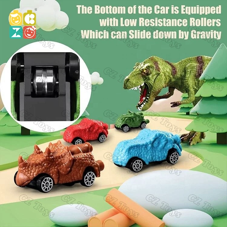 CZ Electrical Climbing Sliding Volcano Eruption Railcar Slot Car Vehicle Race Play Set Dinosaur Adventure with 8 Mini Cars