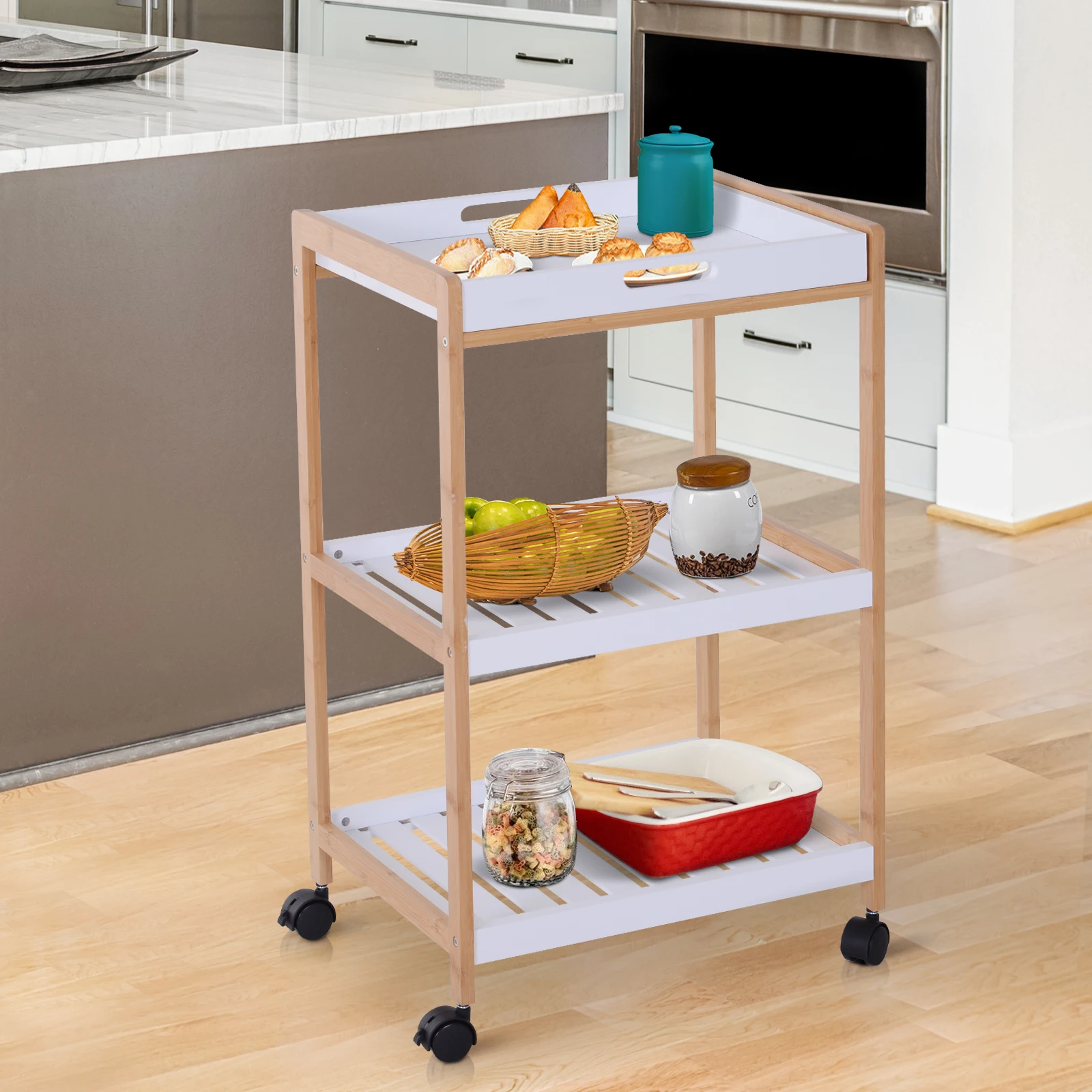 3 Tiers Bamboo Kitchen Trolley Cart Mobile Storage Rack With Kitchen Storage Trolley Wheels