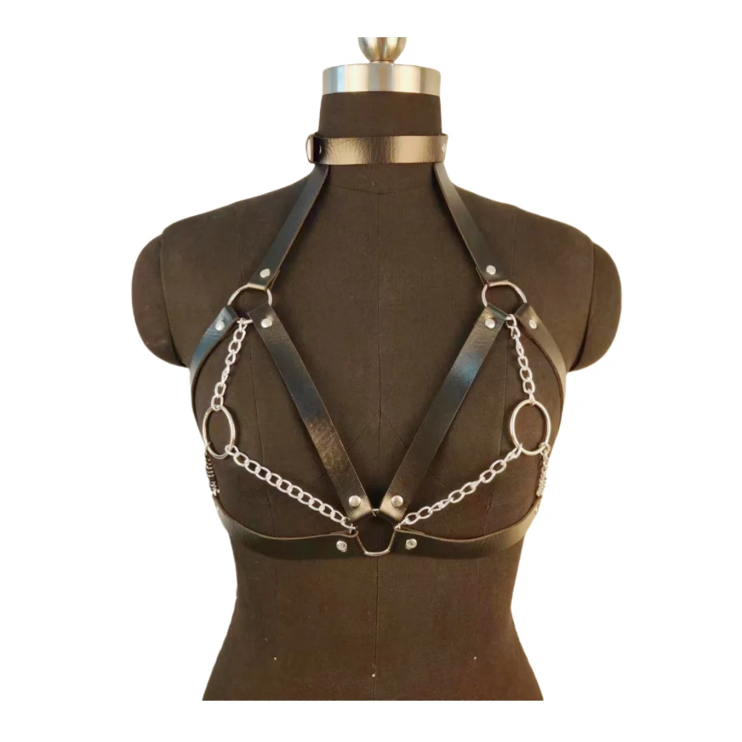 Wholesale SM Female Chastity Belt for Women PU bdsm Binding Leather Sexy Body Iron Chain Bra