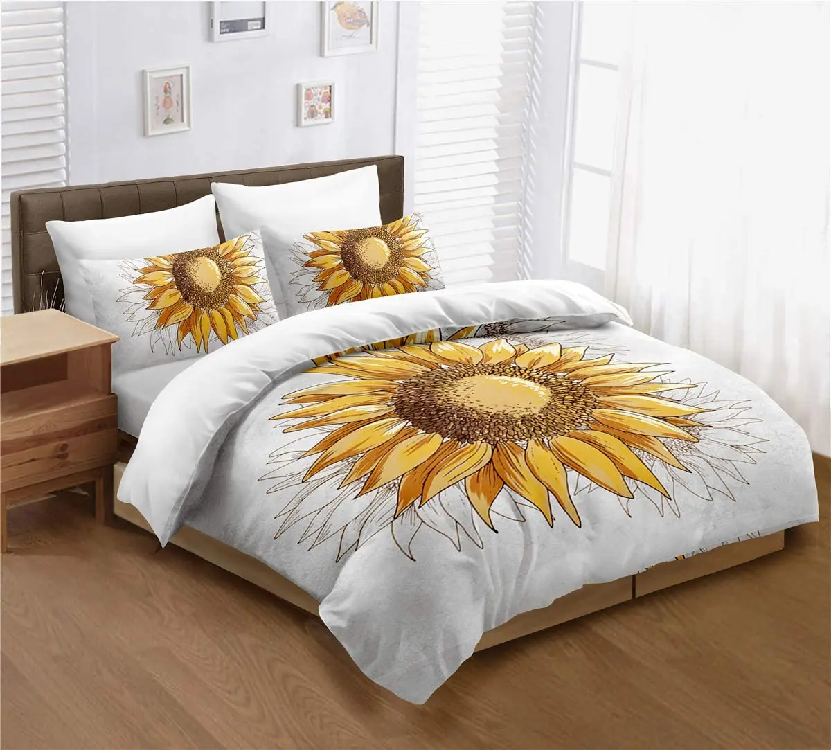Sunflower Bedspread Black Yellow Spring Floral Decorative 4 Piece Bedding Set for King Bed
