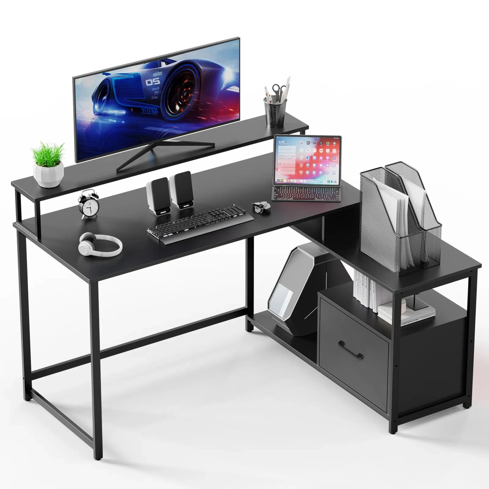 Modern Steel Wood Drawer Computer Desk for Home LED Light & Power Outlet Office Desk with Storage Shelf Computer Table