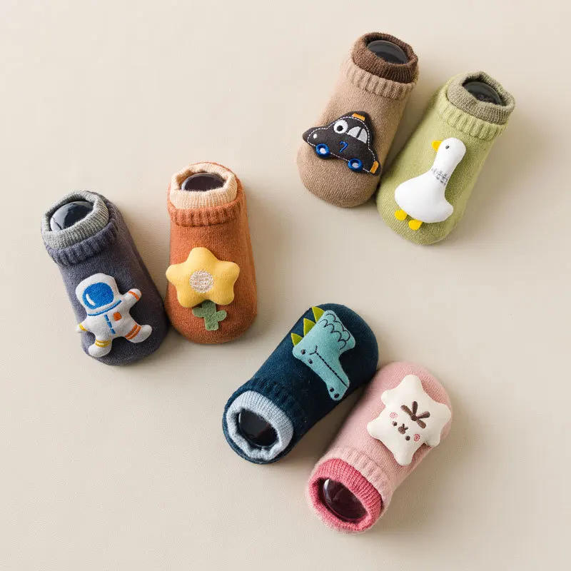 Wholesale Cute 3D Full Terry Baby Floor Socks With Grip Newborn Toddler Kids Organic Cotton Anti Slip Socks