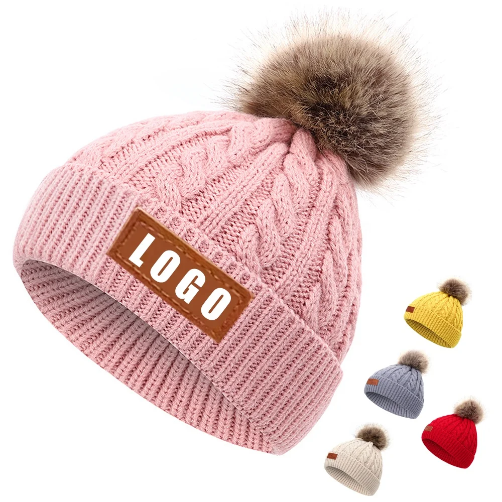 Manufacturer wholesale high quality knitting plain kids beanie faux fur poms 100% ACRYLIC winter hat with personalized logo