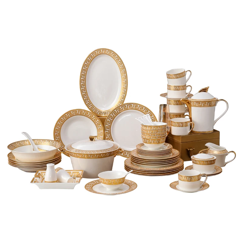Customized Luxury Gold Ceramic Plates Sets Dinnerware Tableware For 6 People Bone China  Restaurant Plates Sets
