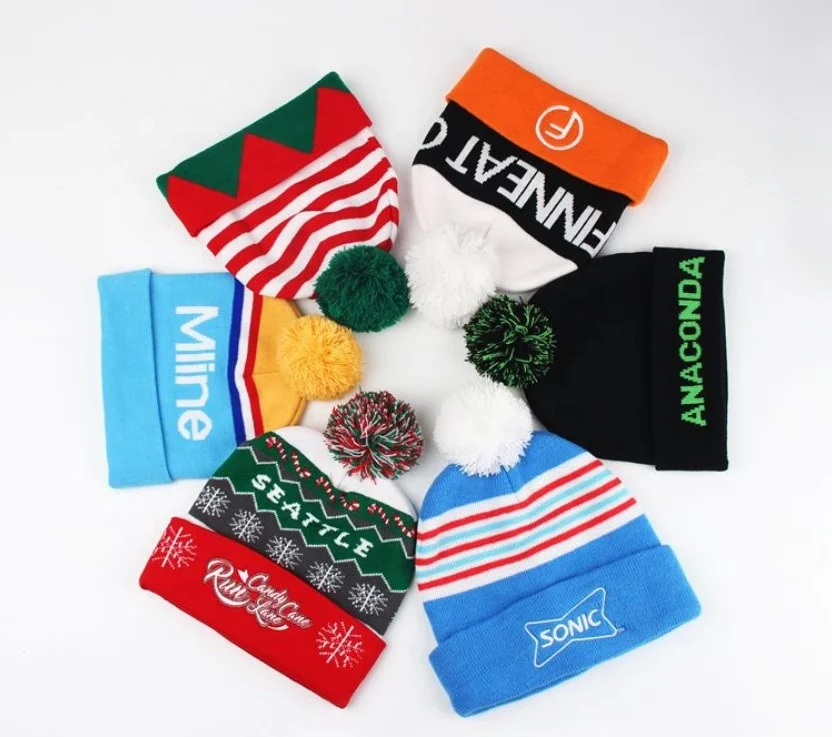 Acrylic Christmas Tree Jacquard Beanie Hat with Pompoms