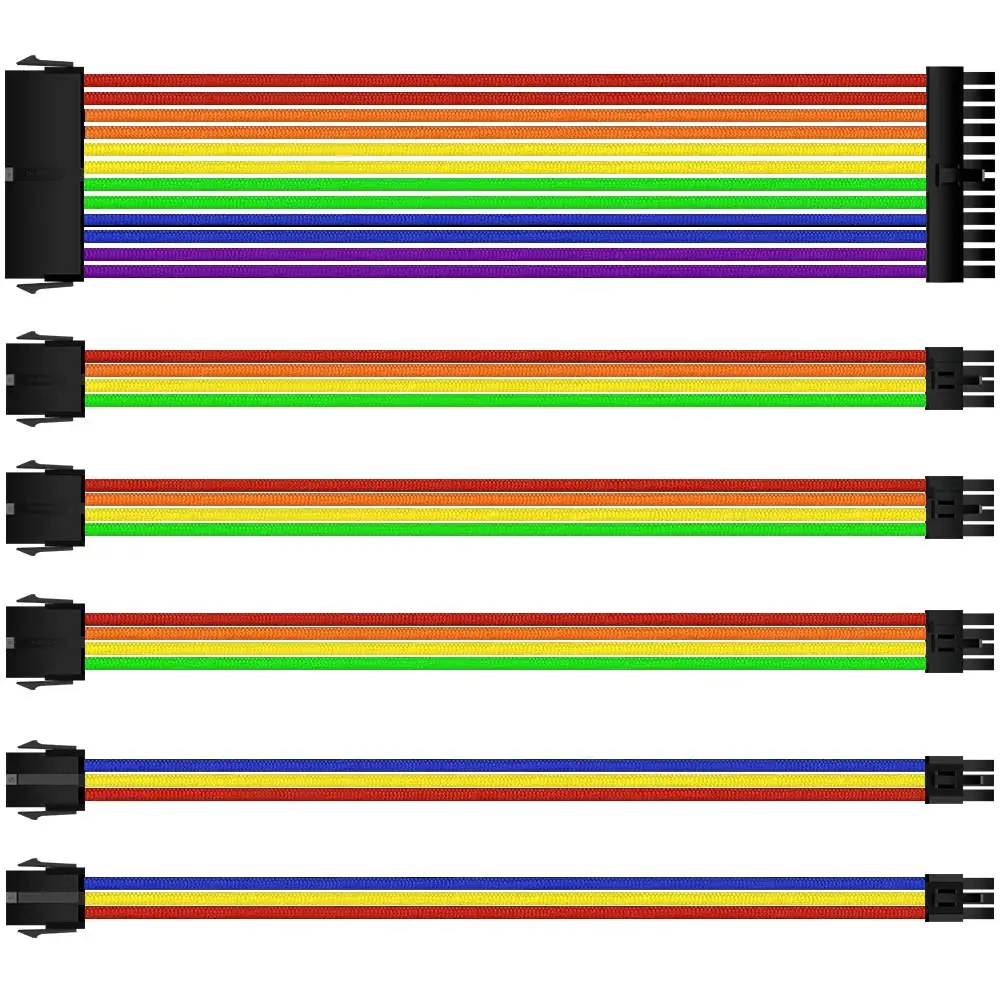 Комплект удлинителей для блока питания ATX, 18awg 30 см ATX 24P,CPU4 + 4P,PCI-E 6 + 2P,PCI-E 6P, Радужный кабель источника питания
