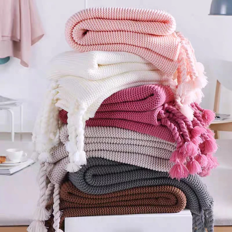 New Nordic style 100% cotton Knitted Bed Blanket Home Soft Cover Hotel Tassel Knitted Throw Blanket