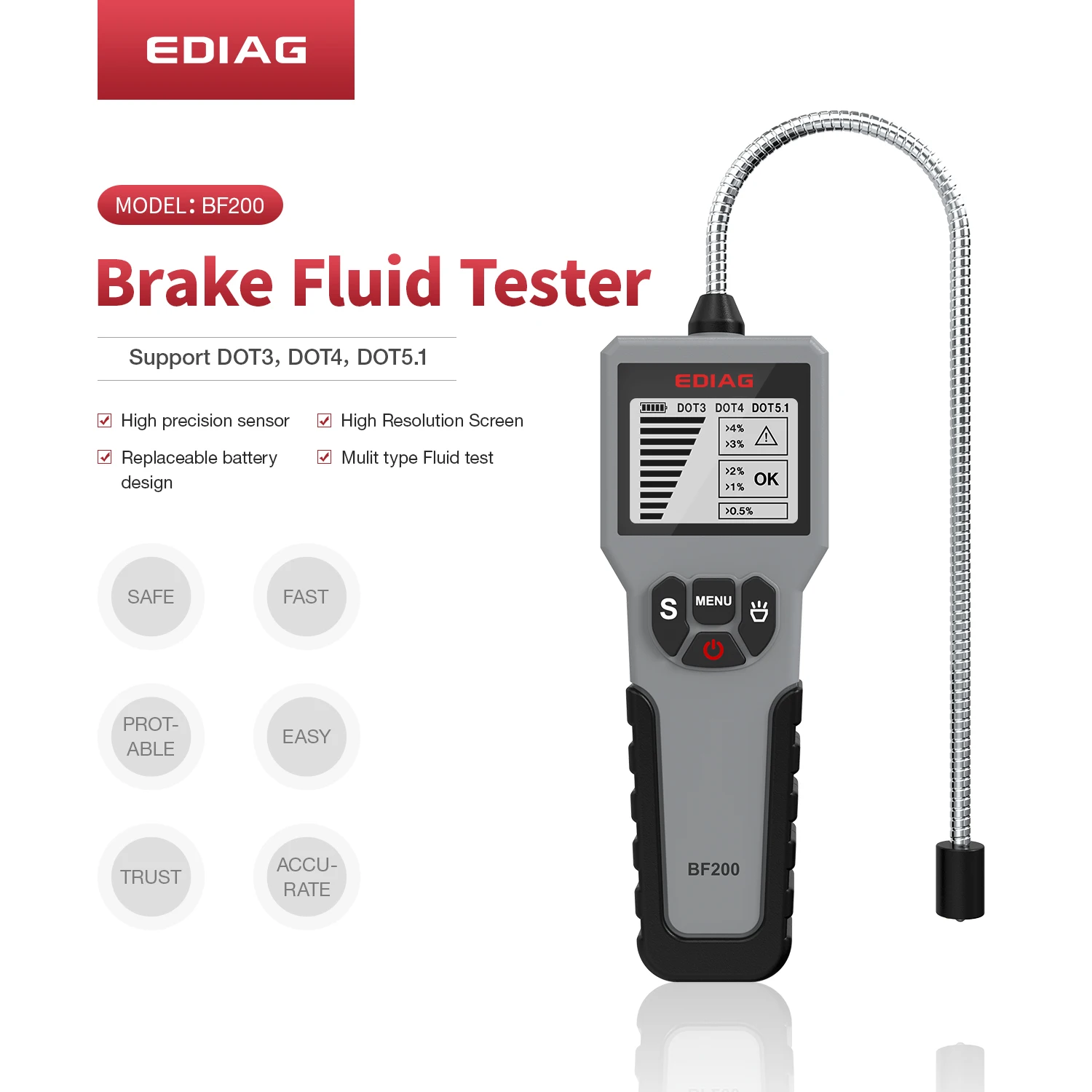 Ediag BF200 Universal Oil Quality check tool With 5 LED Car DOT3 dot4 dot5.1 BF 200 brake fluid Tester