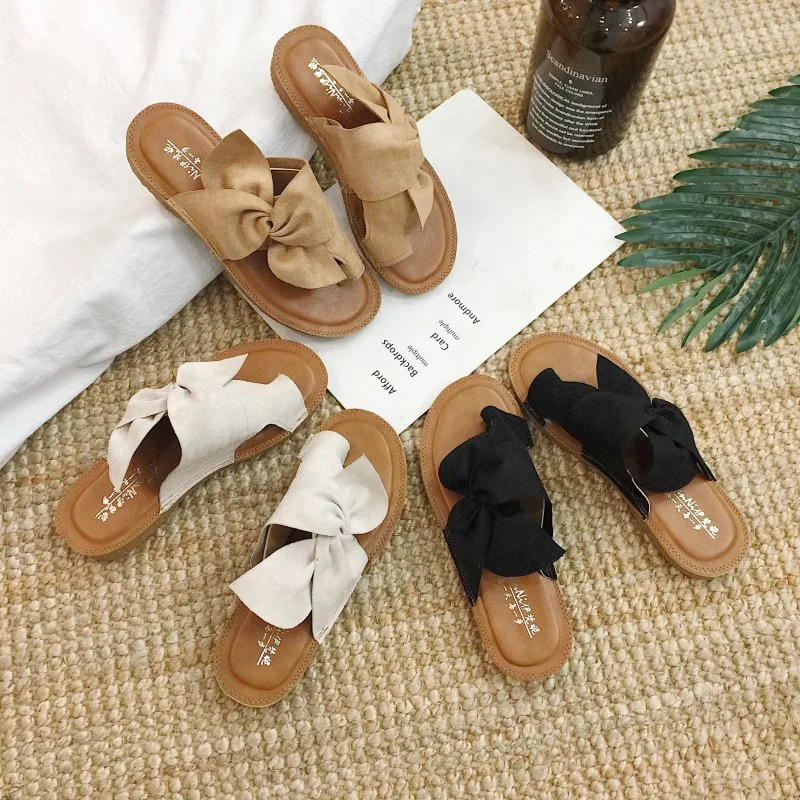 SD-71 2020 Vintage suede bow cross strap open toe slipper for women with soft cork sole ladies beach sandals wholesale