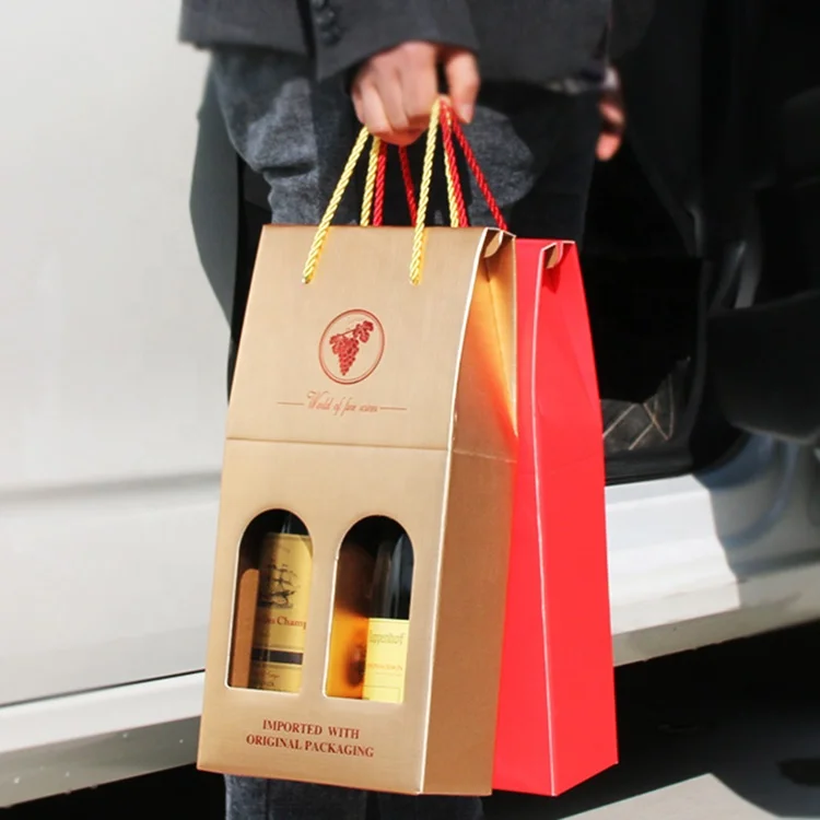 Custom logo Kraft paper cardboard 2 wine package bottle box packaging for single wine bottle