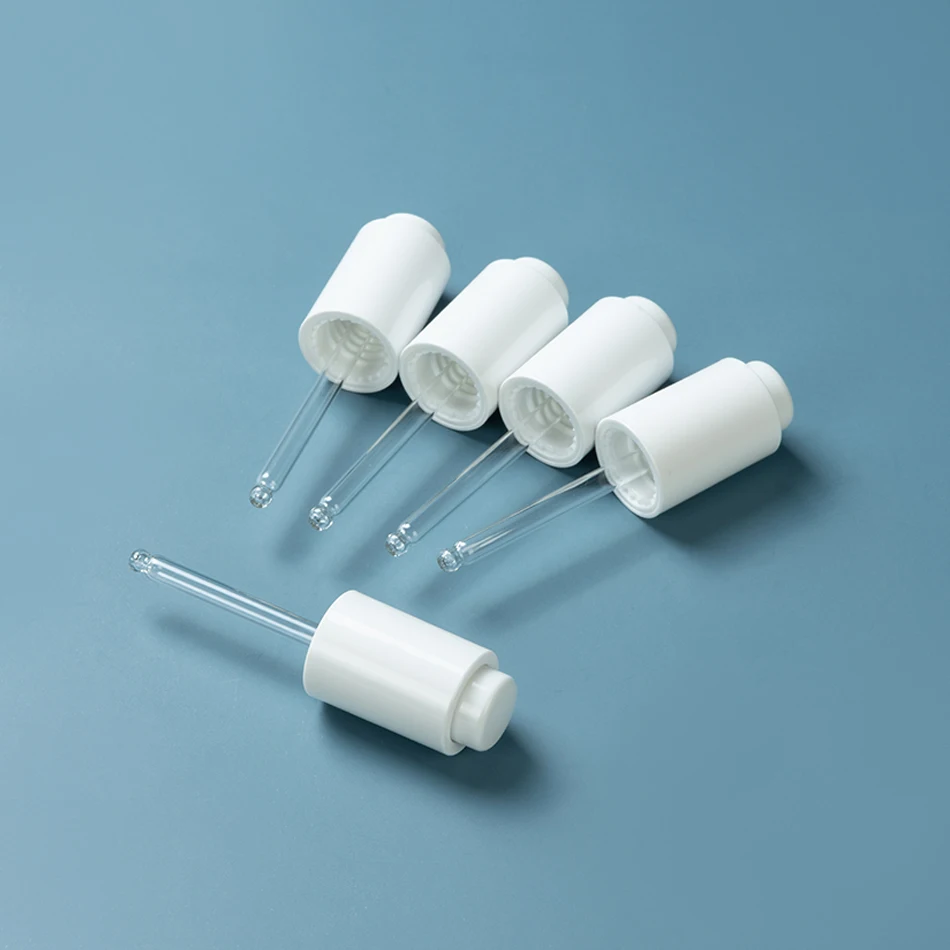 13/410 Round Shape White Serum Push Button Dropper Pump Cap Press Dropper With Glass Pipette