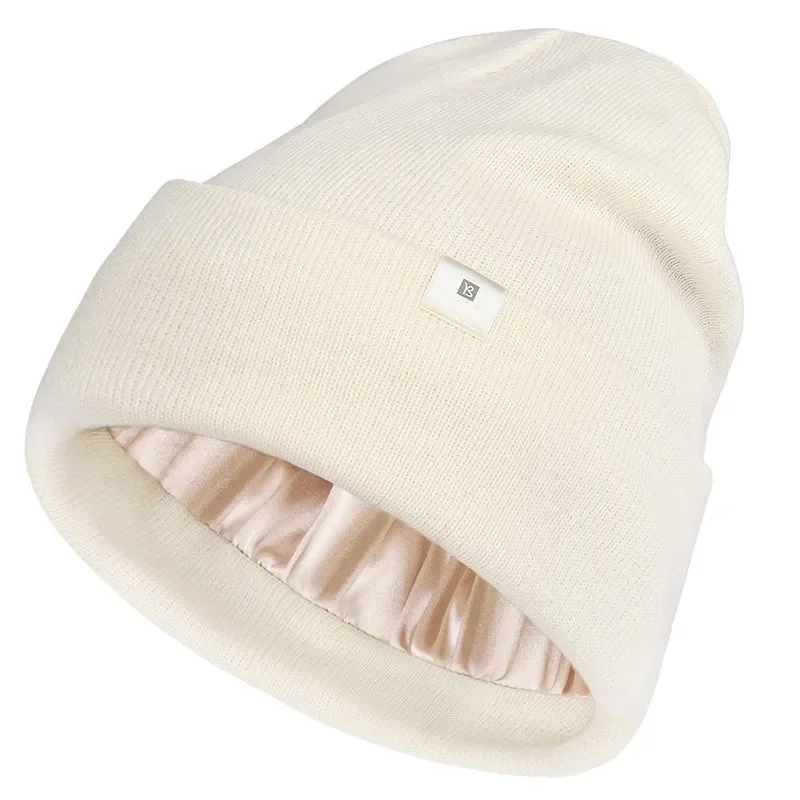 2023 New Trend Solid Custom Color Soft Warm Silk Lined Winter Hat Outdoor Thermal Blank Satin Beanie