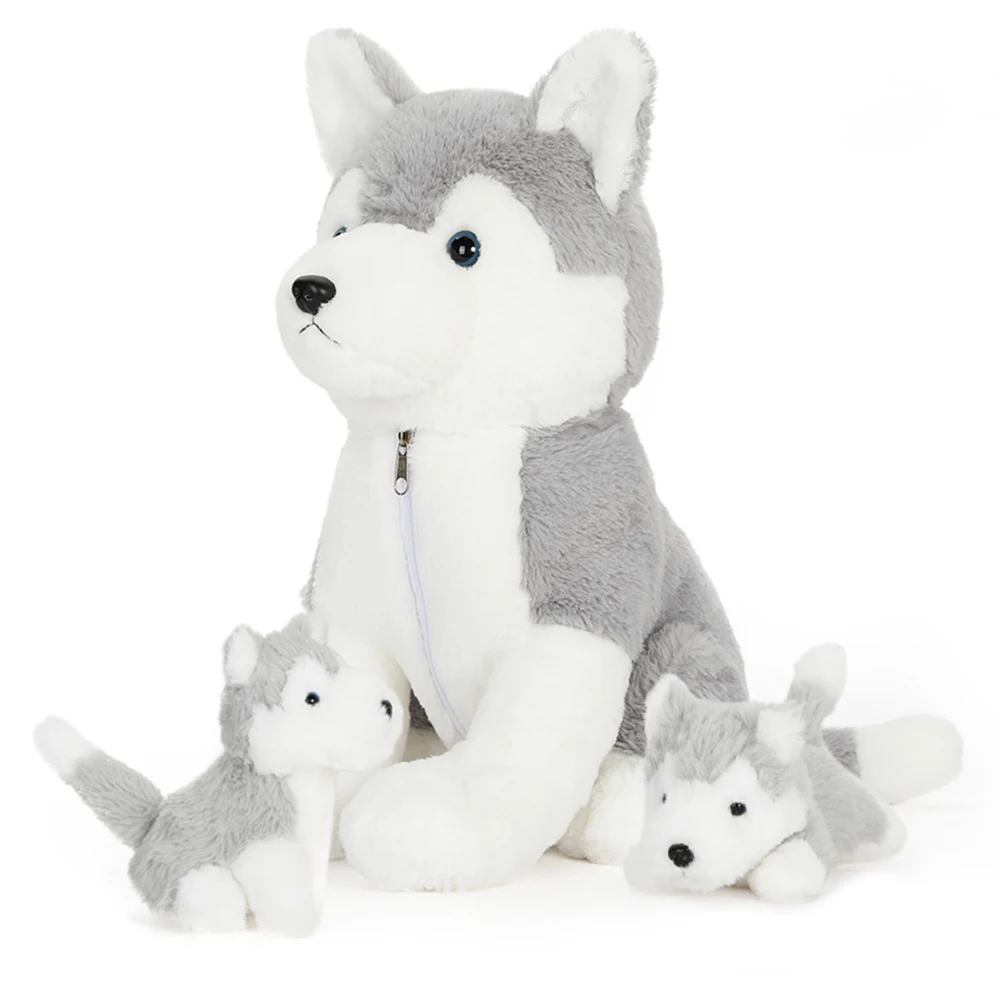High Quality 16inch Husky Stuffed Animal Soft Plush Zippered Belly Great Gift Set Kids Including 2 Cute Baby Puppies Home Party