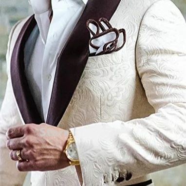 LL113 Groomsmen Ivory Groom Tuxedos Brown Shawl Lapel Men Wedding Suits / Prom Gown Best Man Blazer (Jacket +Pants + Tie)