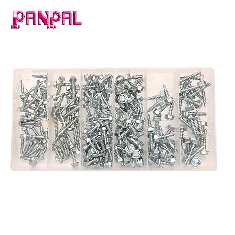 China Manufacture 200 Pieces Zinc Plated Hex Washer Head Self Drilling Sheet Metal Screws Assortment Kit