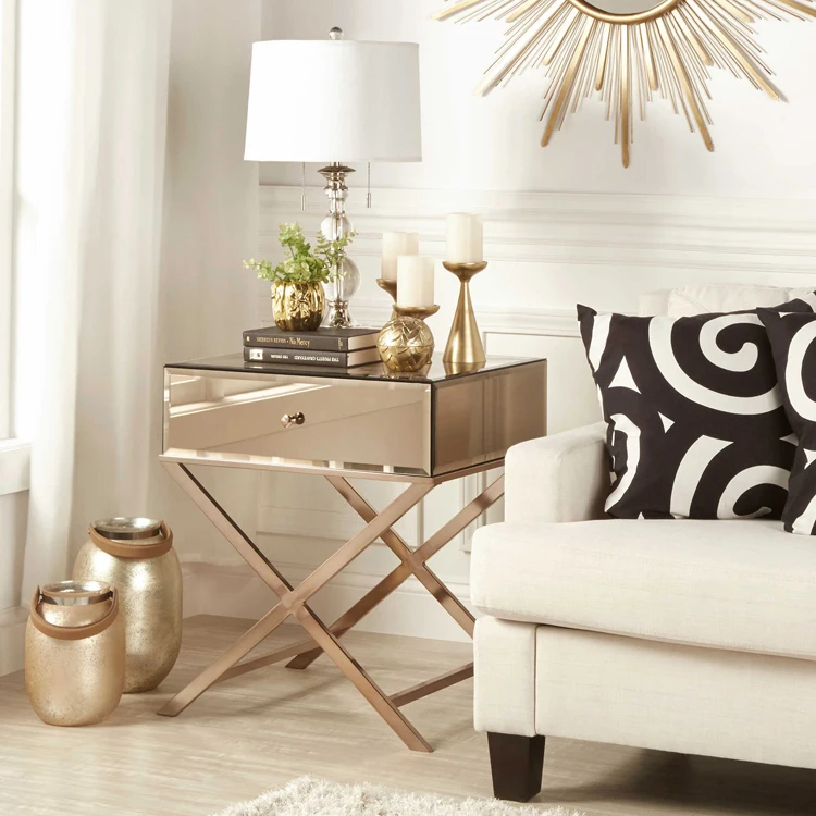 Wholesale Silver Champagne Gold Mirror Cross Legs End Table With Drawer