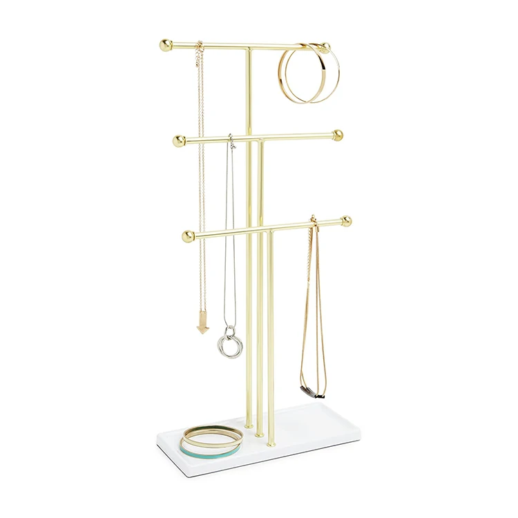 Stock 3 Tier Table Top Metal Necklace Bracelet Holder Hanging Jewelry Organizer With Jewelry Tray Base