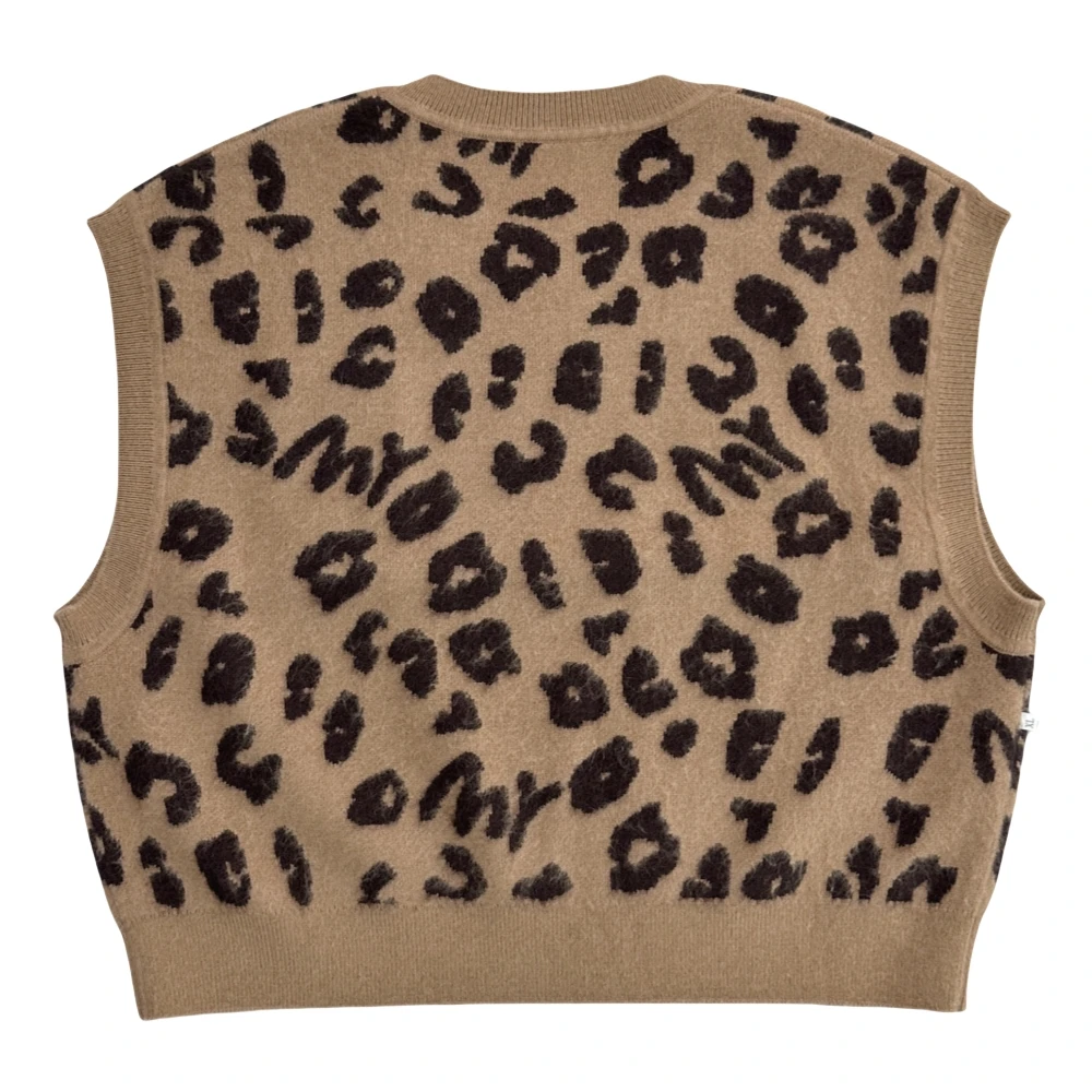 Trendy Leopard Print Wool Knit Vest Women Summer/Spring Casual Pullover Tank Tops Sleeveless Crew Neck Fashionable Sweater Vest