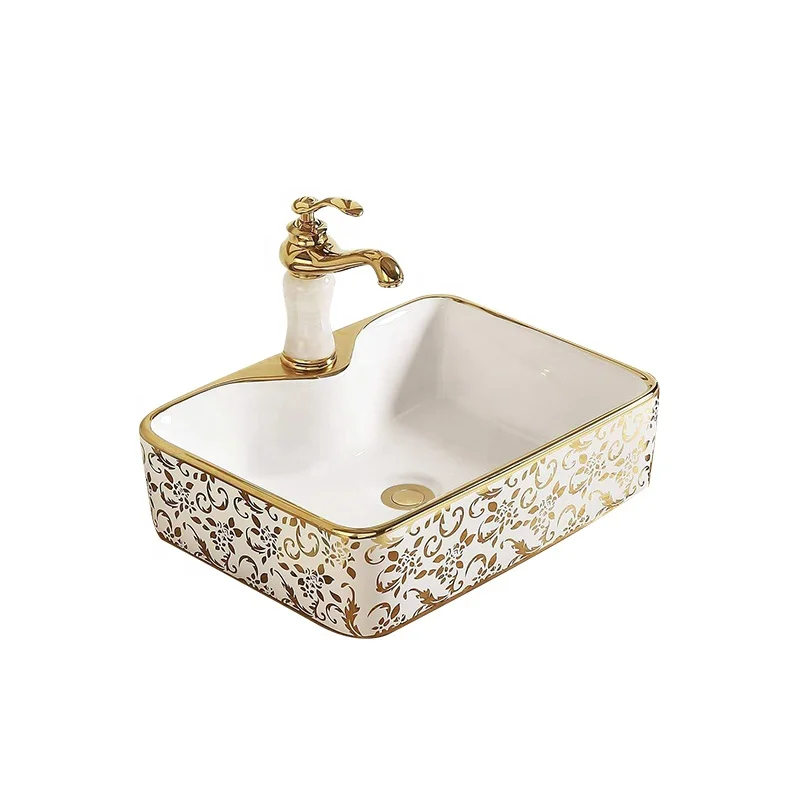 
Luxury basin countertop square golden basin sink for bathroom vasque salle de bain dore  (1600190174905)