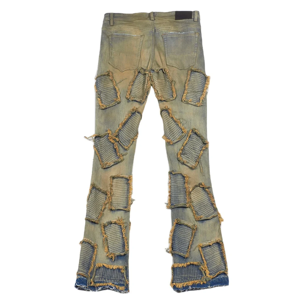 Custom Men Vintage Denim Hip Hop Washed Embroidered Distressed Pants Flare Stacked Jeans