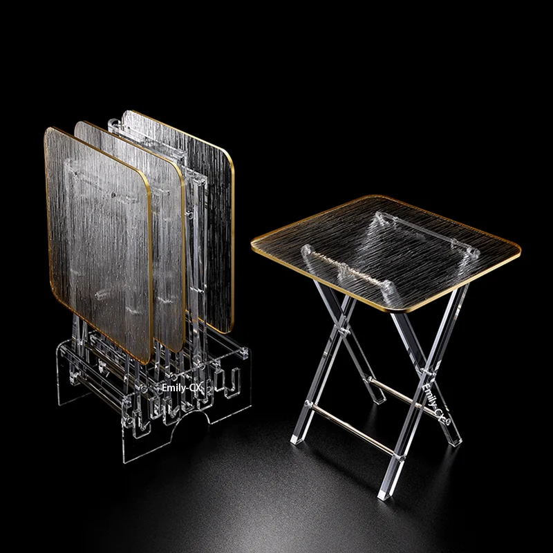 Wholesale Good Quality Modern Stylish 4 pcs Folding Tea Table Set Clear Acrylic Folding Tray Table With Gold Rim