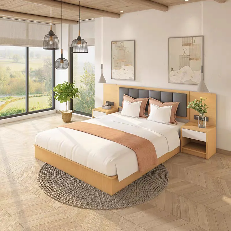 Manufacturing Modern Design Hotel Bedroom Set Furniture Full Size Bed with Night Stand