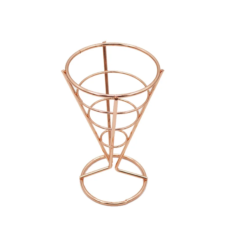 Metal Cone Snack Fried Chicken Display Rack Wire French Fries Stand Cone Basket Fry Holder with Sauce Dippers for Kitchen